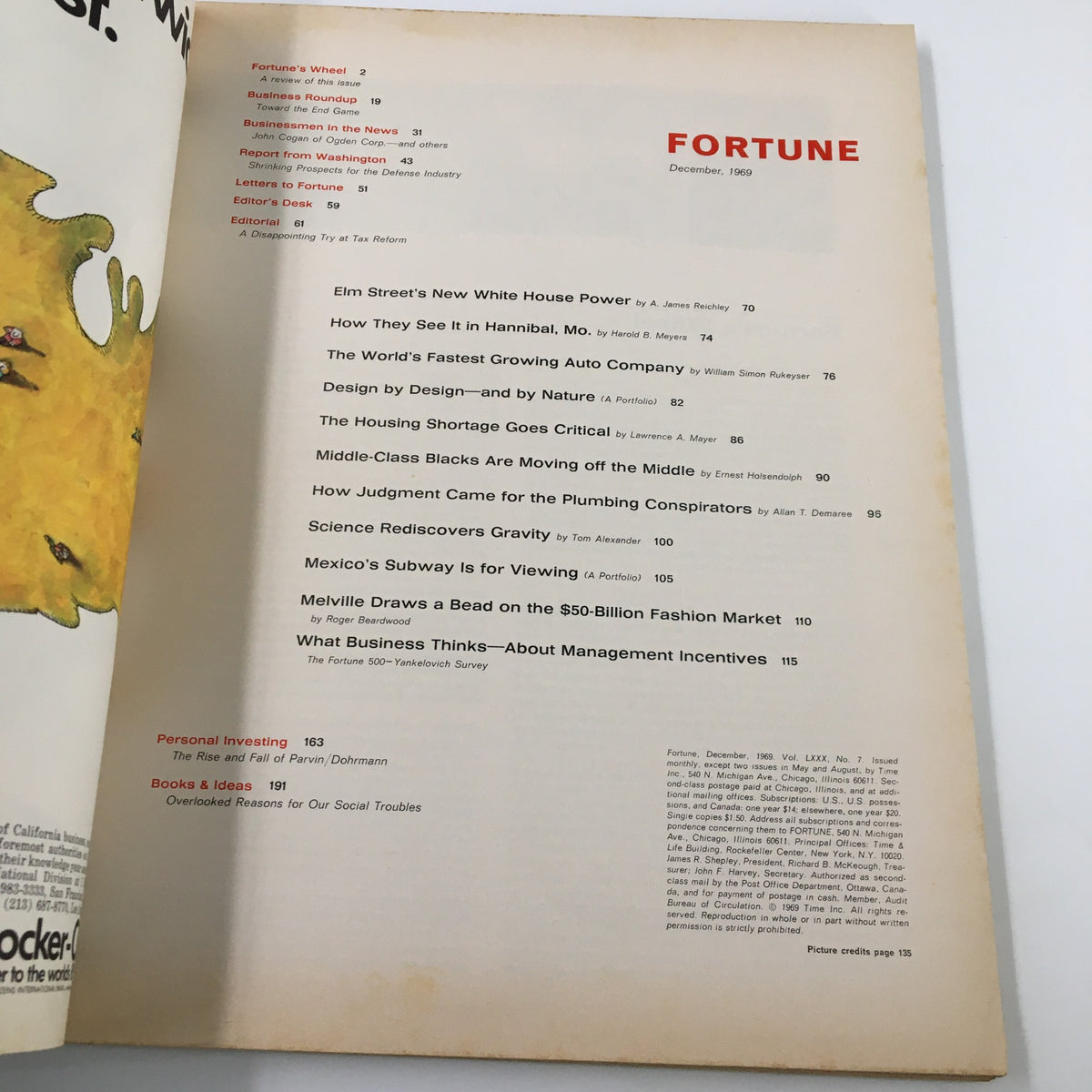 Inside page of VTG Fortune Magazine December 1969 displaying the table of contents with featured articles like the housing shortage and personal investing.