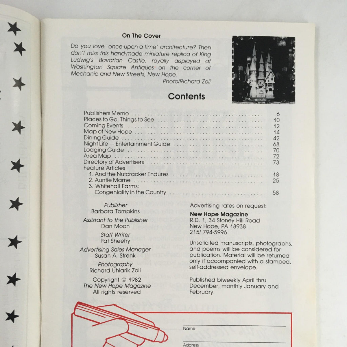 Contents page of The New Hope Magazine December 17, 1982 Volume II Number 22 showing articles, features, and the table of contents related to the Bavarian Castle theme.