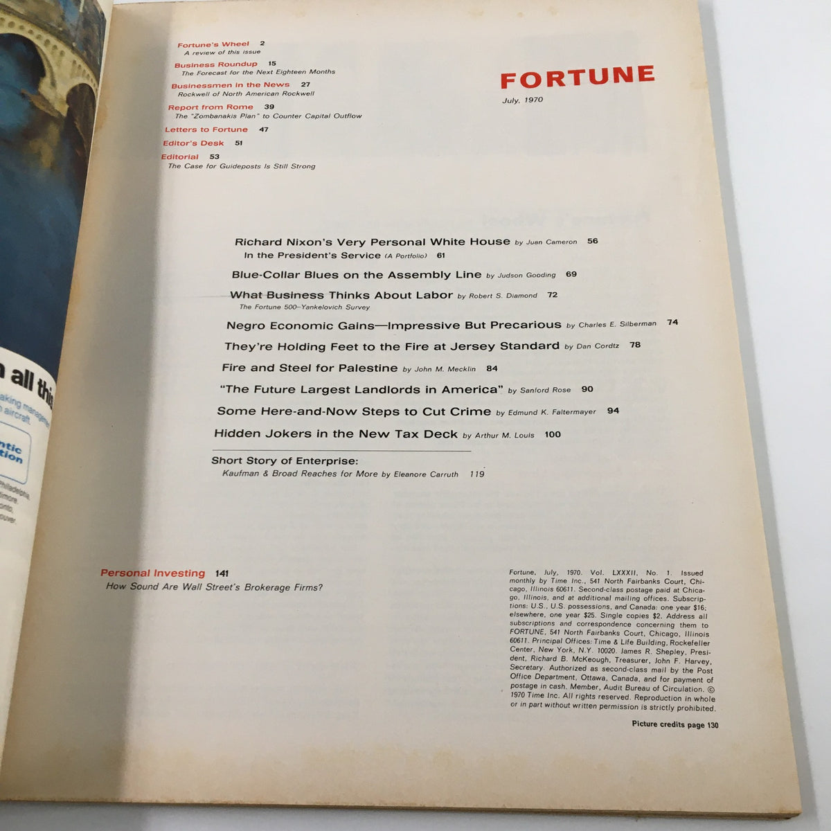 Inside page of VTG Fortune Magazine July 1970 showcasing the table of contents, including articles related to Richard Nixon's Personal White House and various economic topics.