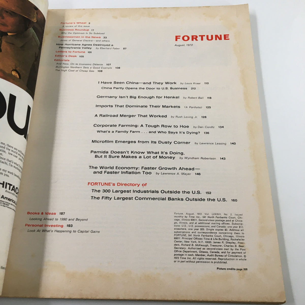 Contents page of Fortune Magazine, August 1972, displaying article titles and a list of key insights, including a focus on Henkel and international business trends.