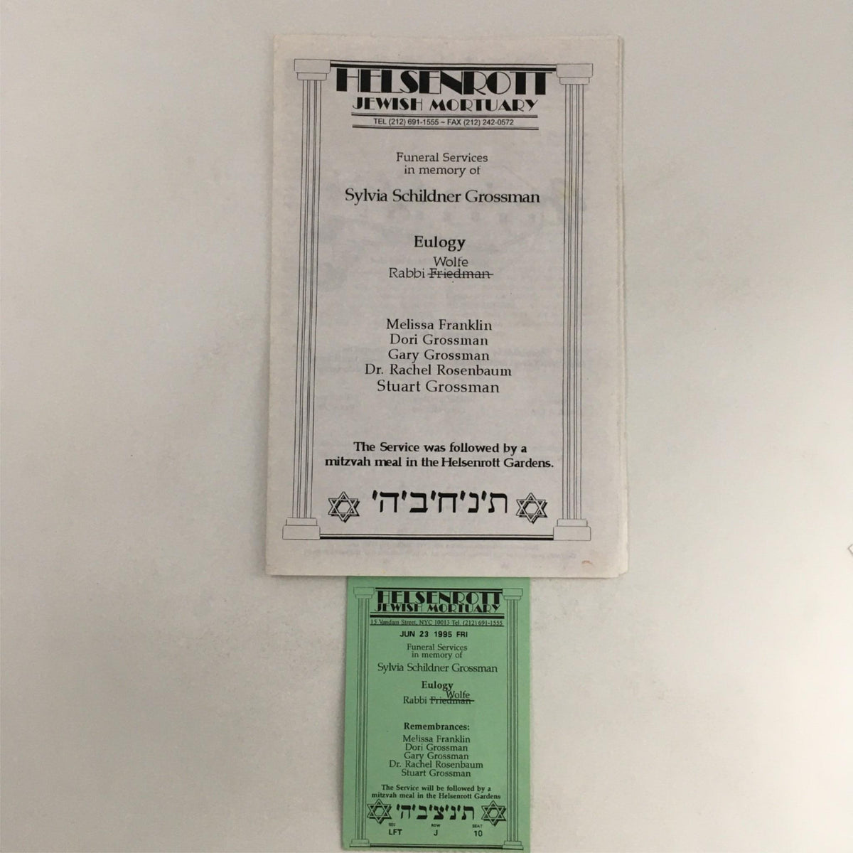 Funeral program for Sylvia Schindler Grossman from 1995 Grandma Sylvia's Funeral by Dana Matthow, Glenn Wein at SoHo Playhouse, including eulogy by Rabbi Friedman.