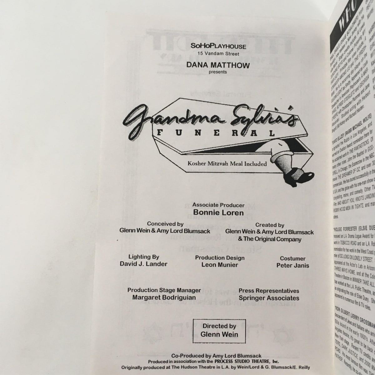 Inside page of the program for 1995 Grandma Sylvia's Funeral by Dana Matthow, Glenn Wein at SoHo Playhouse, listing producers and directors involved in the production.