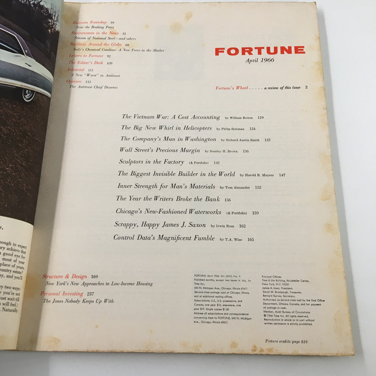 Inside page of VTG Fortune Magazine April 1966, showing the table of contents and articles including 'The Vietnam War: A Cost Accounting' and 'The Big New Whirl in Helicopters.'