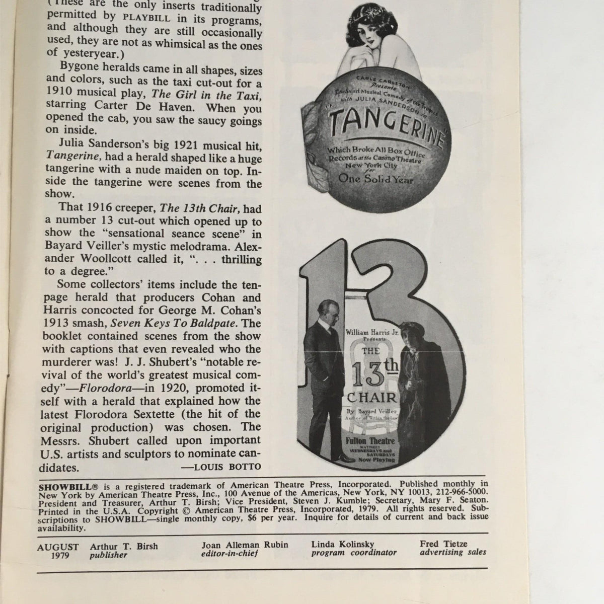 1979 Showbill layout from Bijou Theatre, highlighting a feature on theatrical productions including 'The 13th Chair' and honoring past performances.