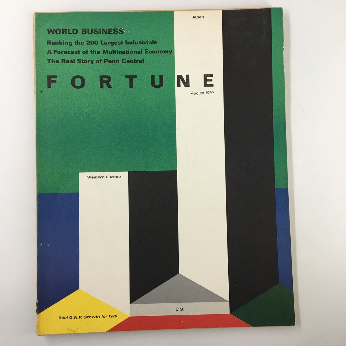 Cover of VTG Fortune Magazine August 1970 featuring the title 'The Real Story of Penn Central' with a colorful geometric design.