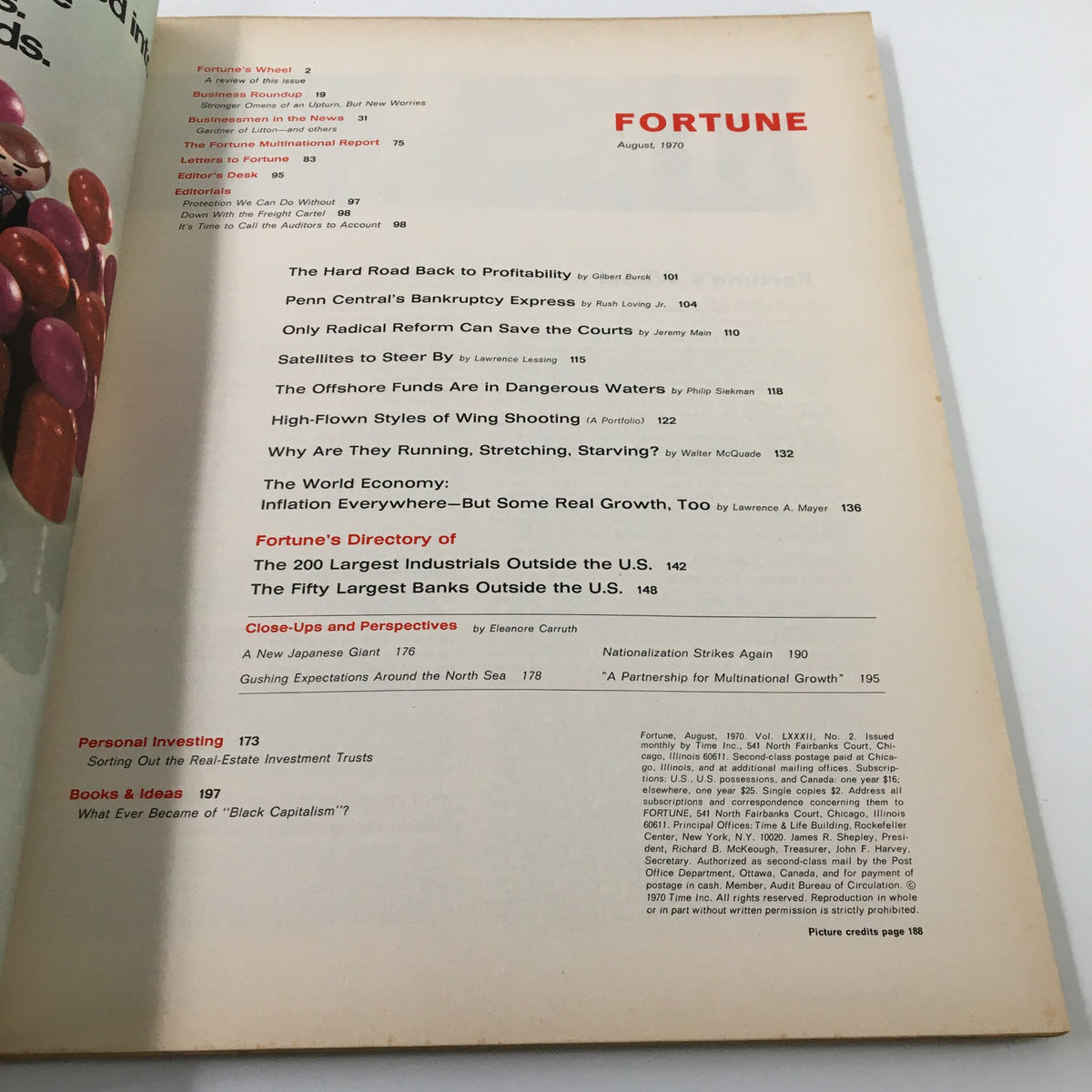 Table of contents from the August 1970 issue of VTG Fortune Magazine, highlighting featured articles including 'Penn Central's Bankruptcy Express'.