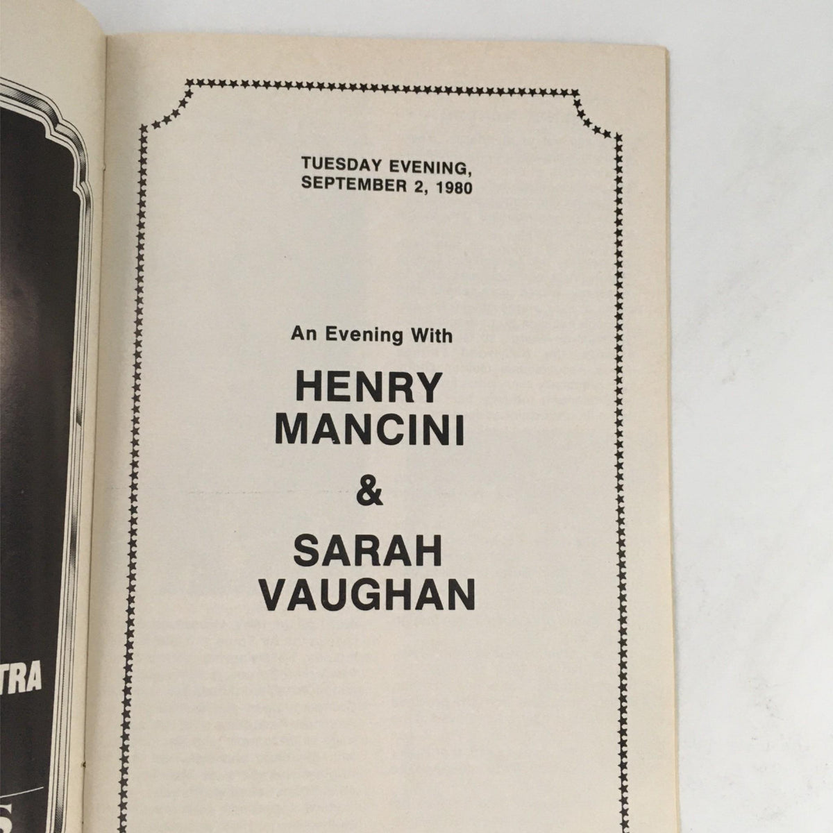 1980 An Evening with Henry Mancini & Sarah Vaughan at Garden State Arts Theatre, showcasing the interior page with event details dated September 2, 1980, prominently featuring the names Henry Mancini and Sarah Vaughan.
