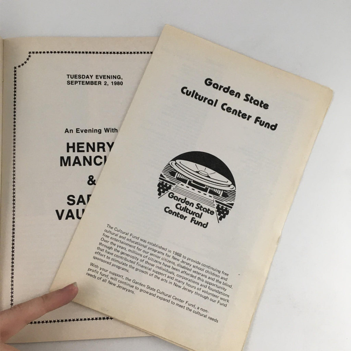 Cover page of the program for '1980 An Evening with Henry Mancini & Sarah Vaughan at Garden State Arts Theatre', featuring the Garden State Cultural Center Fund logo.