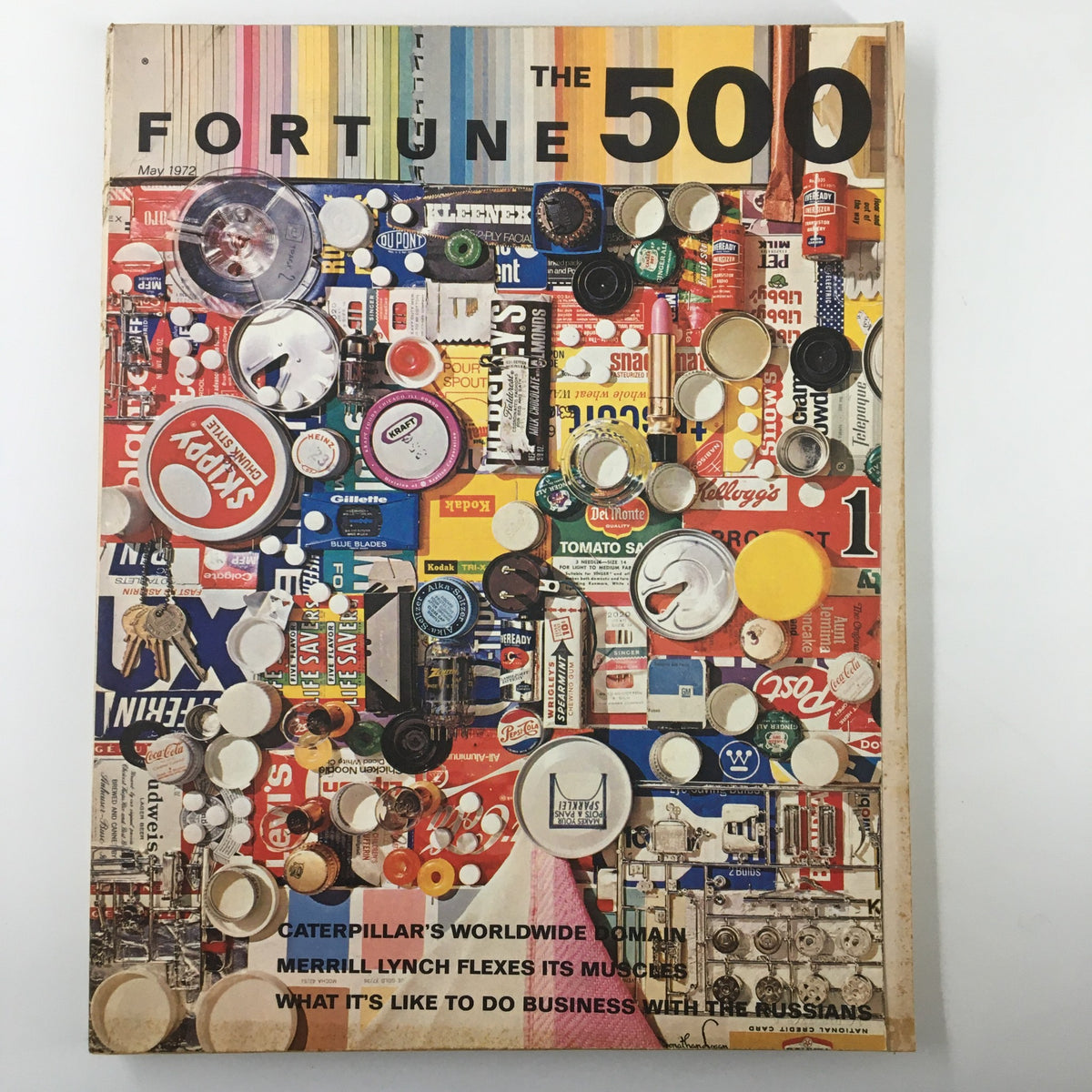 Cover of VTG Fortune Magazine May 1972 featuring vibrant collages of product labels and logos, showcasing the article 'Merrill Lynch Flexes Into Muscles', a collectible item highlighting economic insights from the early 1970s.