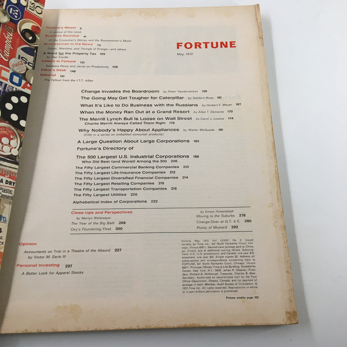 Interior page of VTG Fortune Magazine May 1972 featuring the table of contents, highlighting articles about Merrill Lynch and corporate insights, along with a directory of the largest U.S. industrial corporations.