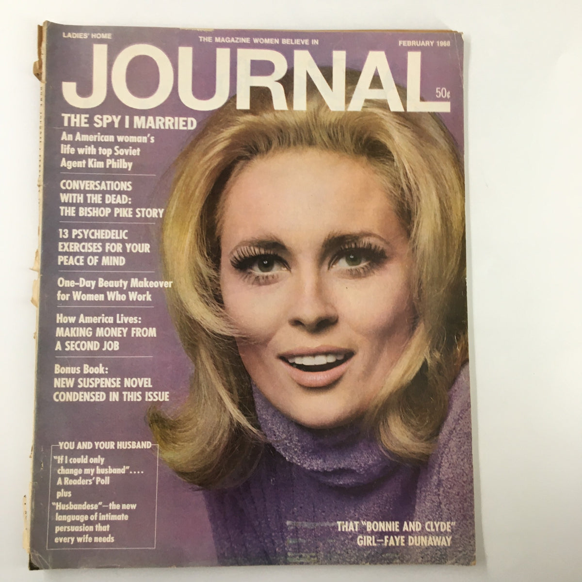 Ladies' Home Journal Magazine from February 1968 featuring Faye Dunaway as Bonnie, showcasing a vintage cover with a classic hairstyle and fashion, highlighting articles such as 'The Spy I Married' and more.