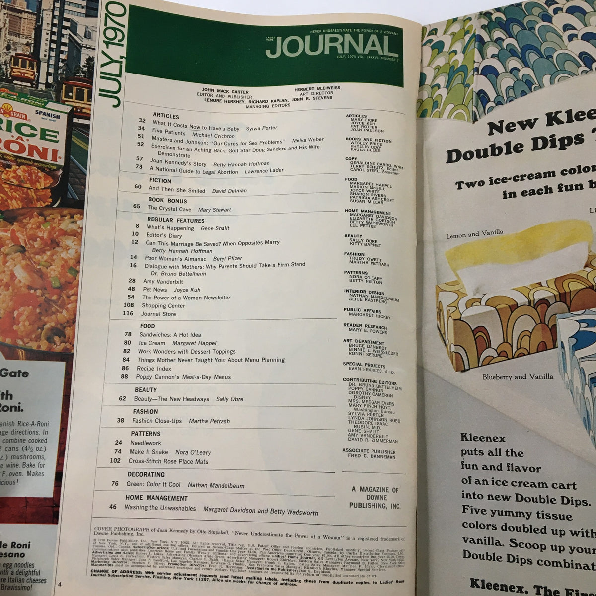 Interior page of Ladies' Home Journal Magazine July 1970 displaying the Table of Contents and advertisements, highlighting articles including Joan Kennedy's Own Story.