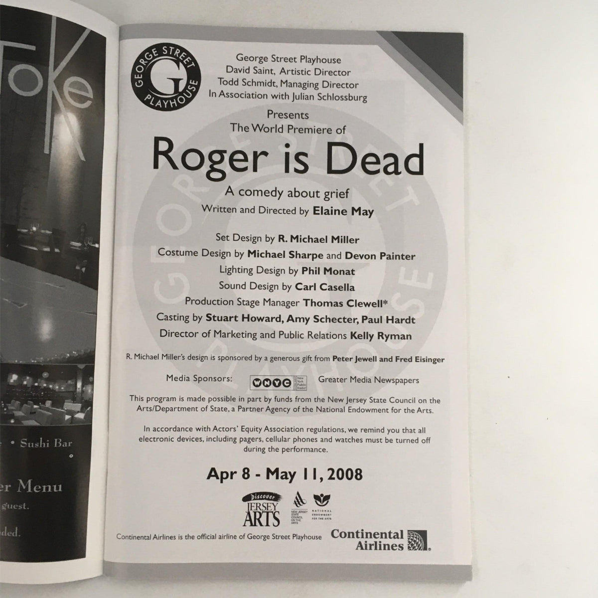 Inside page of the program for 'Roger is Dead' showcasing the details of the production including the cast and crew information, along with performance dates from April 8 to May 11, 2008.