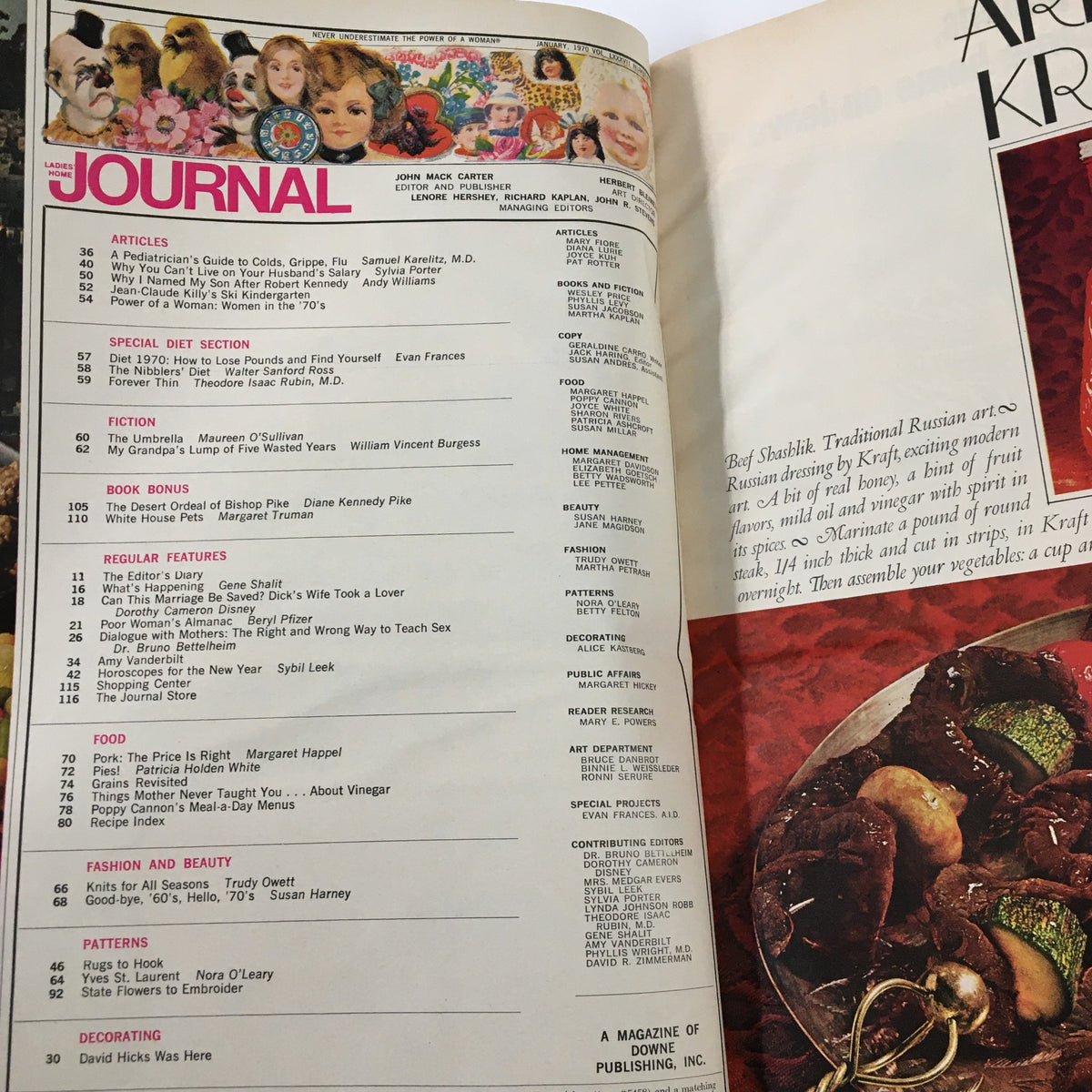 Inside pages of Ladies' Home Journal Magazine January 1970 featuring articles, a table of contents, and vibrant illustrations representing 1970s Americana, including the feature 'White House Pets' by Margaret Truman.