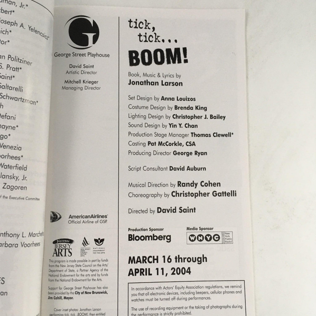 Interior page of the 2004 Tick, Tick... Boom! magazine, detailing the cast and production team with Jonathan Larson listed as the author and David Saint as the director.