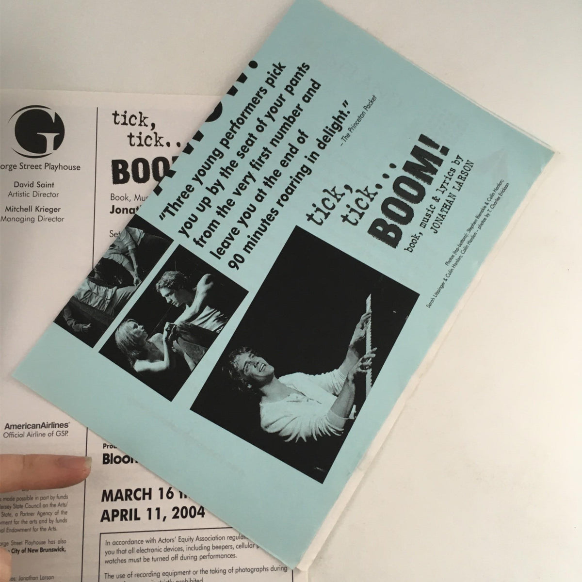 Back cover of the 2004 Tick, Tick... Boom! magazine, promoting the musical's upcoming performances at the George Street Playhouse.