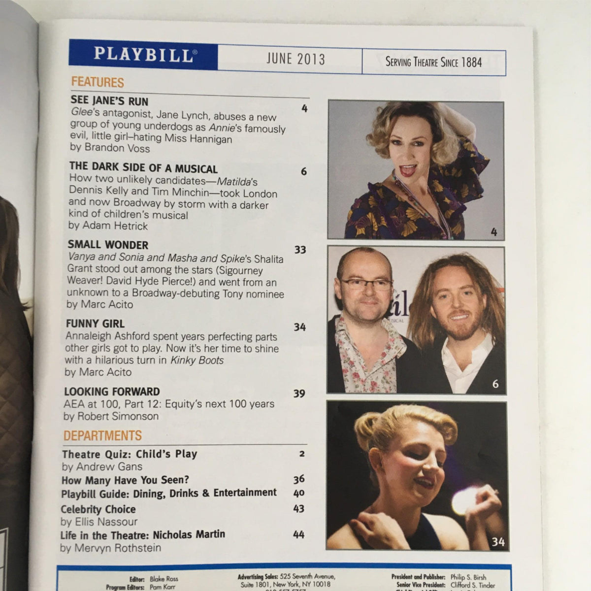 Inside page of the June 2013 Playbill for The Nance, showcasing articles and features related to Broadway theater, including the work of notable artists.
