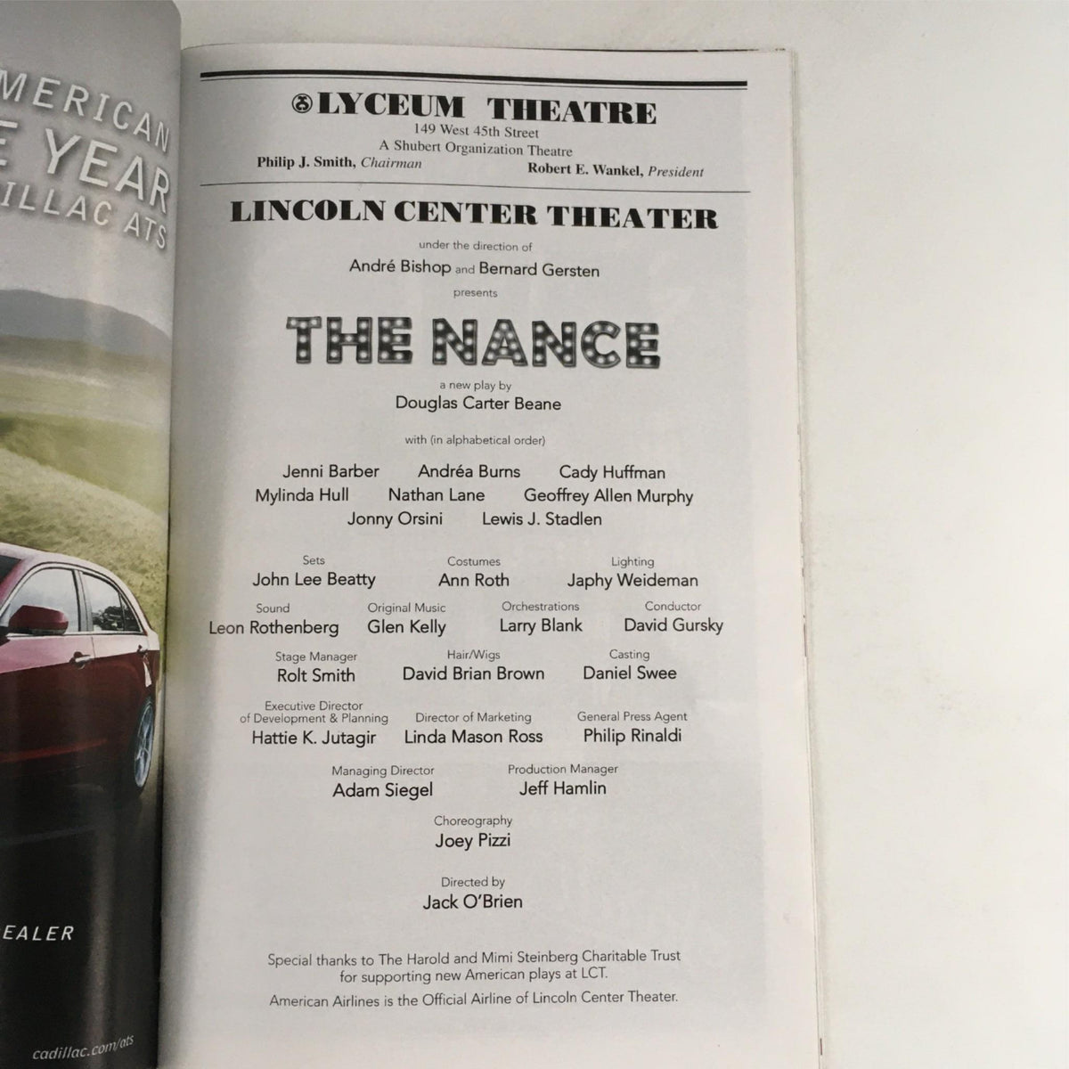 The detailed credits page from the 2013 Playbill for The Nance at Lyceum Theatre, listing cast and creative team, reflecting the production's artistic depth.