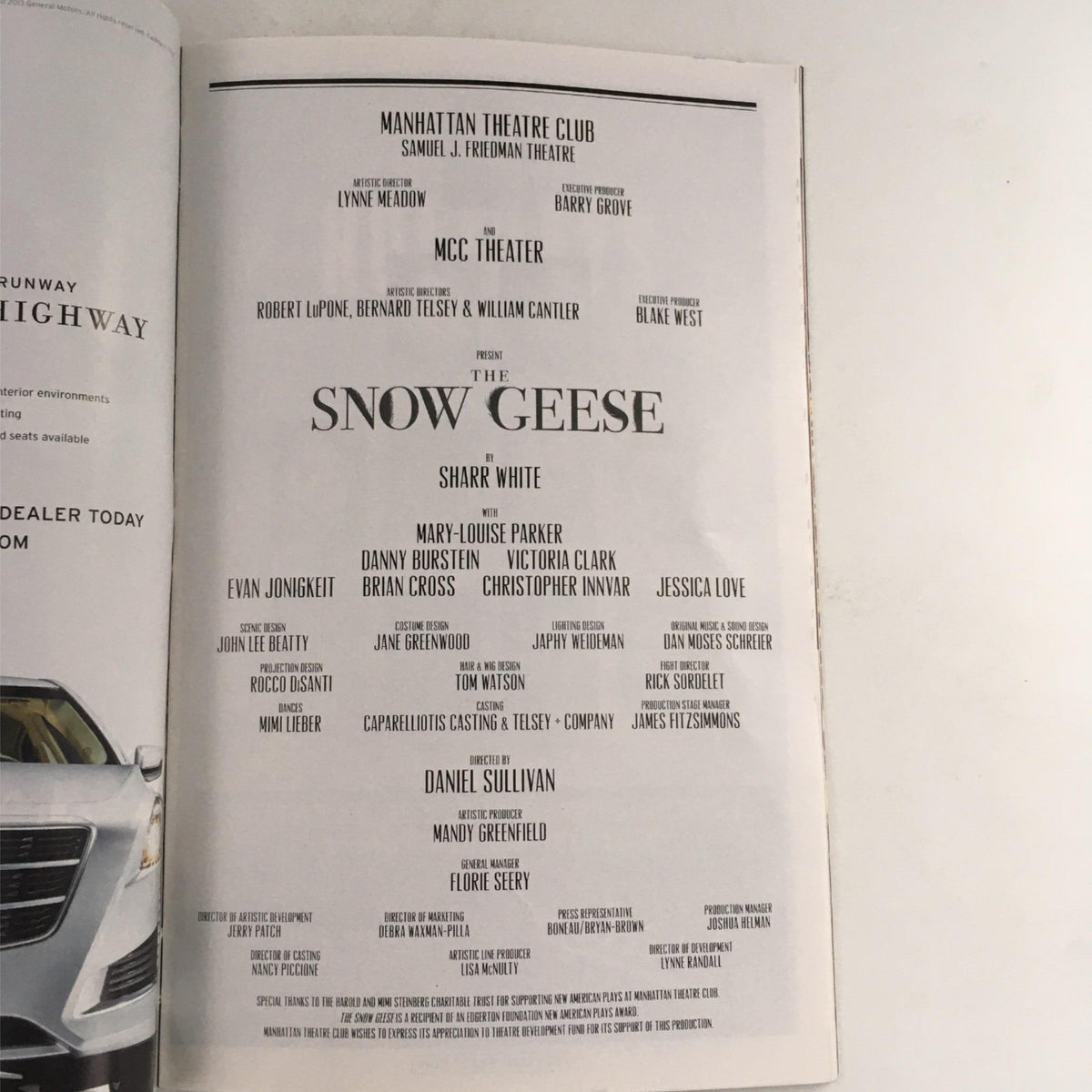 2013 Playbill for The Snow Geese by Sharr White, featuring cast and crew credits including Sharr White, Daniel Sullivan, and the Manhattan Theatre Club. An essential collectible for theatre enthusiasts.