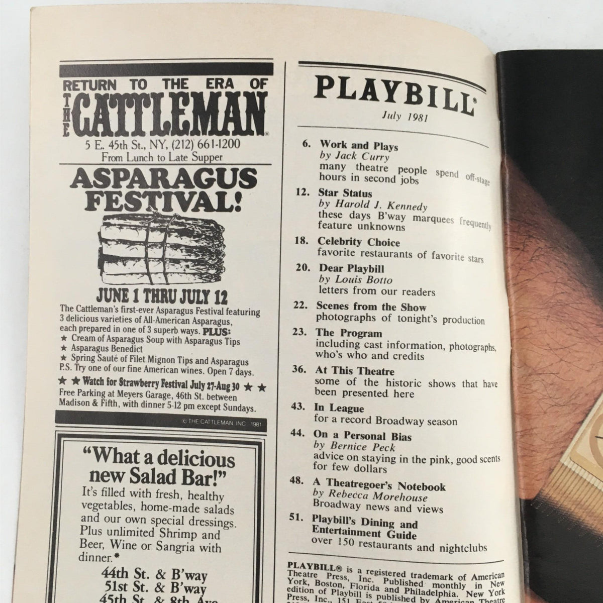 Interior page from the July 1981 Playbill including advertisements and features related to the theater, enhancing the historic context of 'Woman of the Year' starring Lauren Bacall.