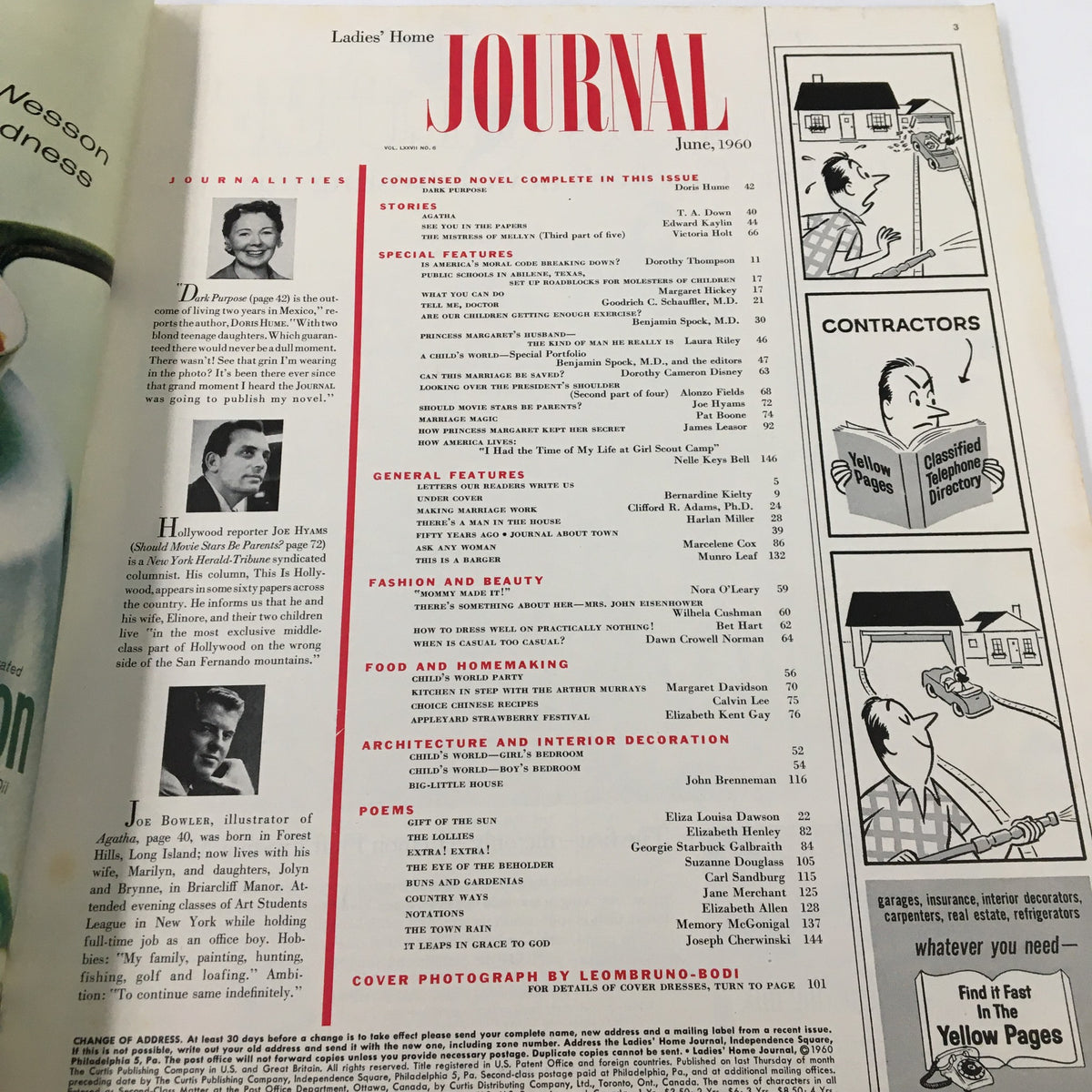 Table of contents from Ladies' Home Journal Magazine June 1960 showcasing articles and features including fashion, food, and interior decoration.