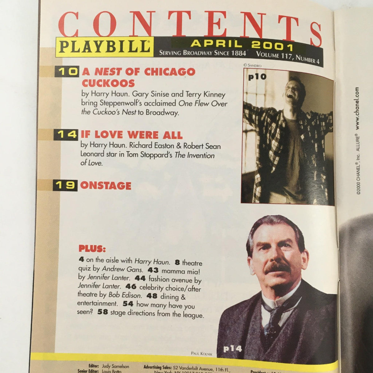 Contents page of the April 2001 Playbill for Aida, listing features and articles relevant to the production.