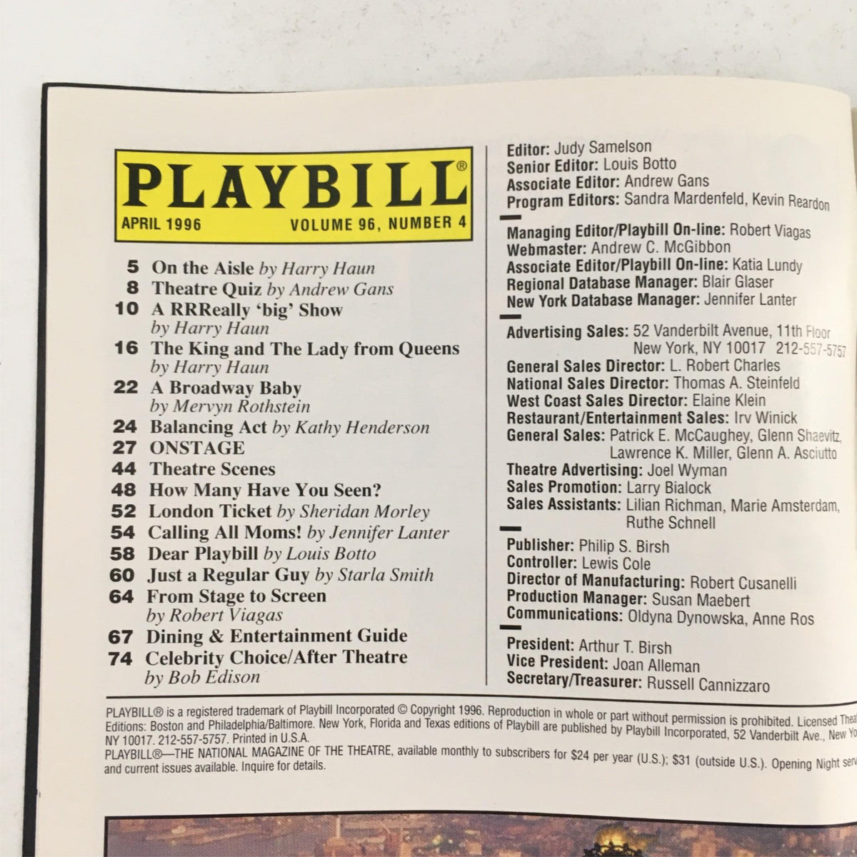 1996 Playbill After-Play featuring performances from April, including roles played by Anne Meara and listings of productions from the David Saint Theatre Four.