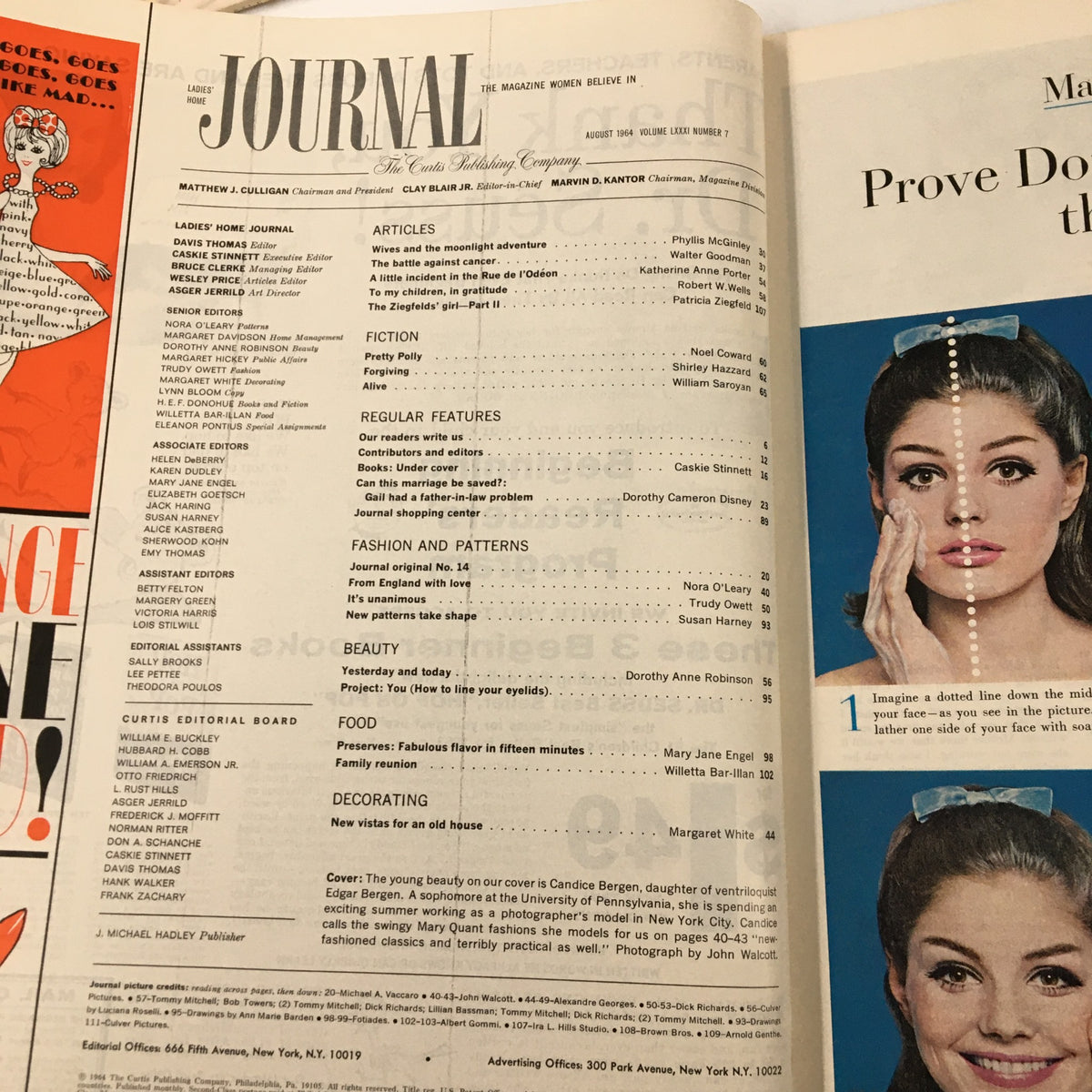 Interior page of Ladies' Home Journal Magazine August 1964, featuring an editorial layout including articles, fashion patterns, and beauty tips, reflecting the trends of the 1960s.
