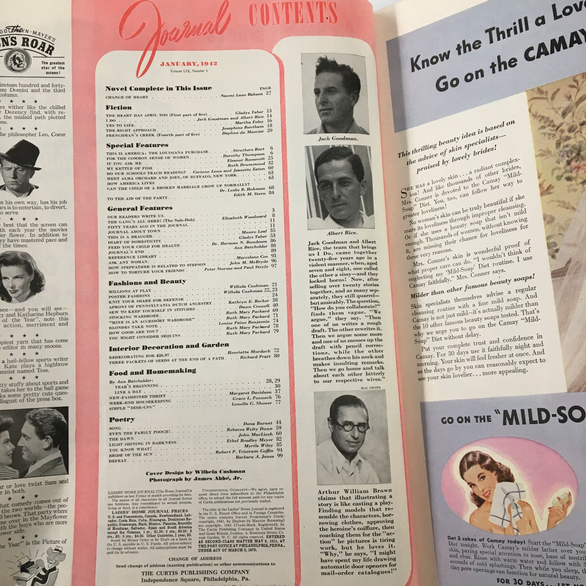 Contents page of Ladies' Home Journal Magazine January 1942, listing features including 'Change of Heart' by Naomi Lane Babson, with images of featured authors Jack Goodman and Albert Rice.