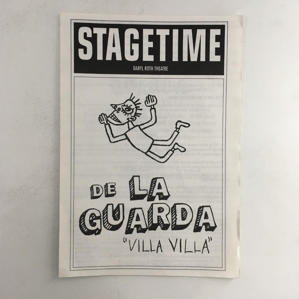 1998 Stagetime De La Guarda Villa Villa by Pichon Baldinu, featuring an illustrated cover page with a character in mid-air, Daryl Roth Theatre.