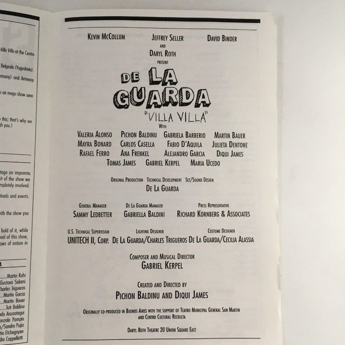 1998 Stagetime De La Guarda Villa Villa by Pichon Baldinu, showcasing the cast and crew credits, including names like Kevin McCollum and Gabri Keppel, Daryl Roth Theatre.