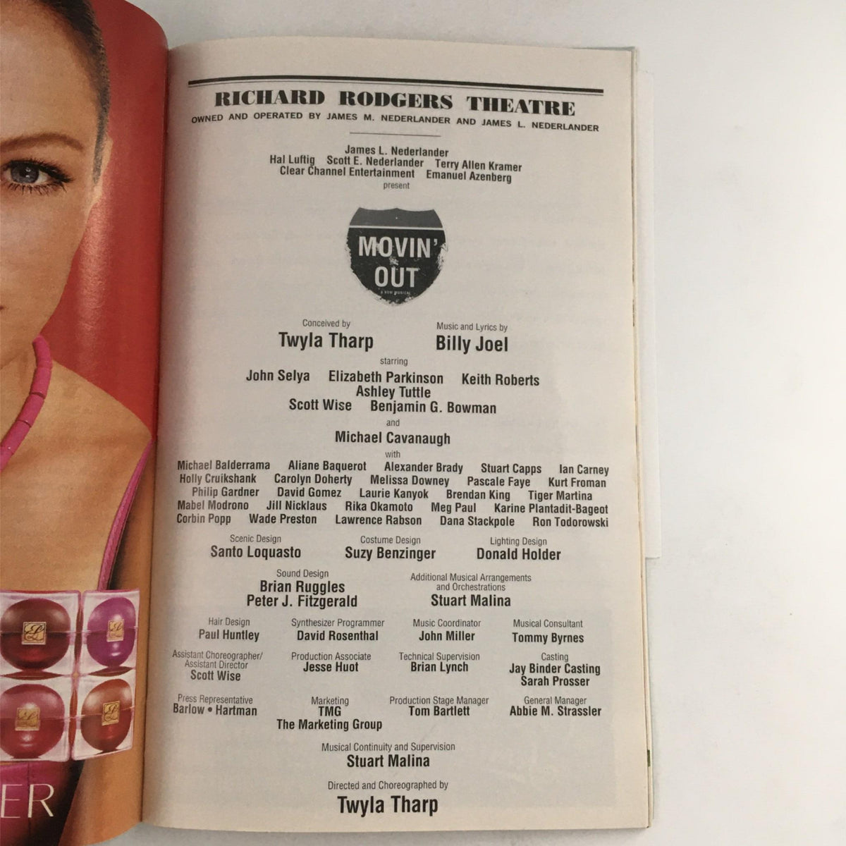 Inside page of the 2003 Playbill for Movin' Out by Twyla Tharp and Billy Joel, featuring the cast and production team details at Richard Rodgers Theatre.