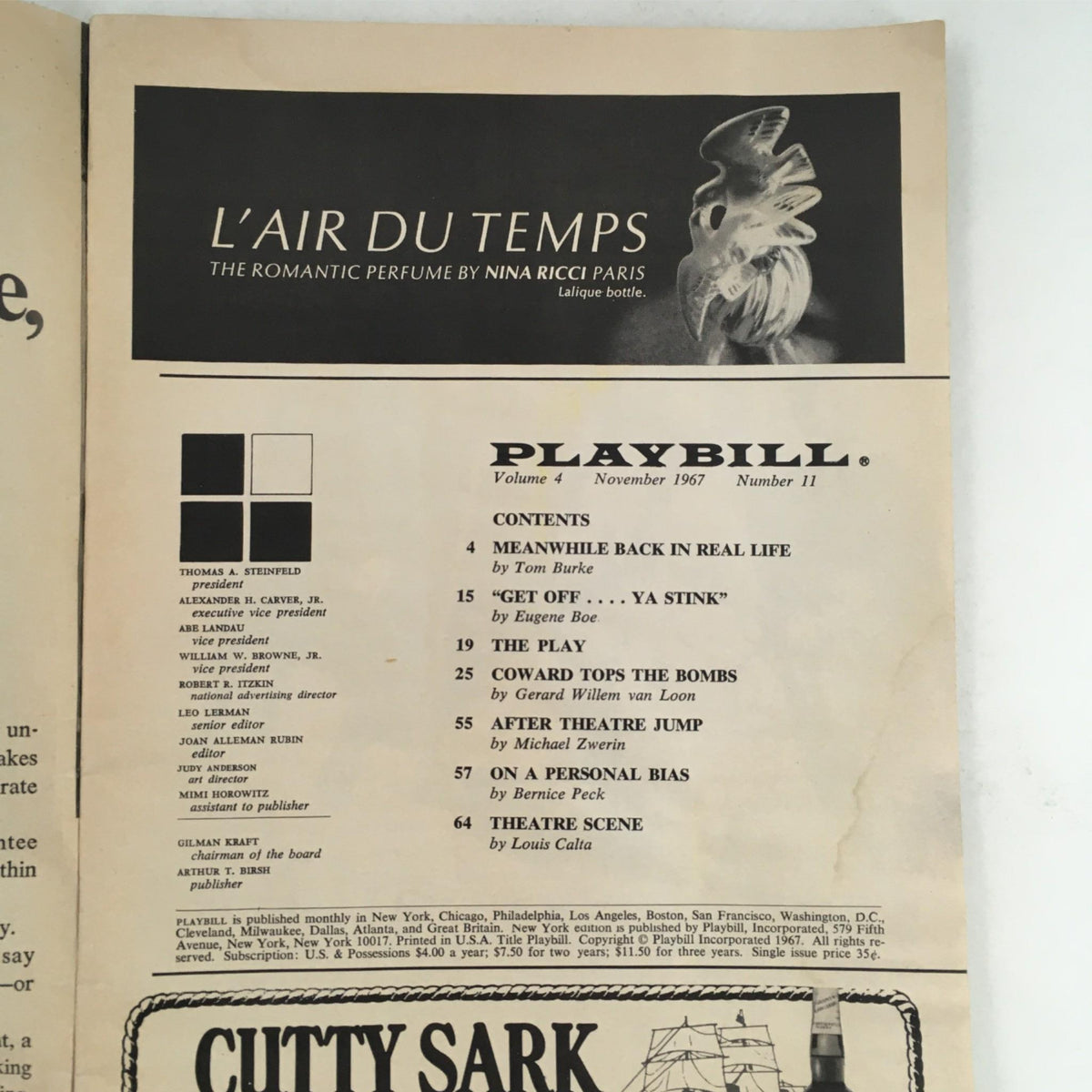 Inside page of the 1967 Playbill for There's A Girl In My Soup, listing contents including advertisements and performances, capturing the vintage magazine style.