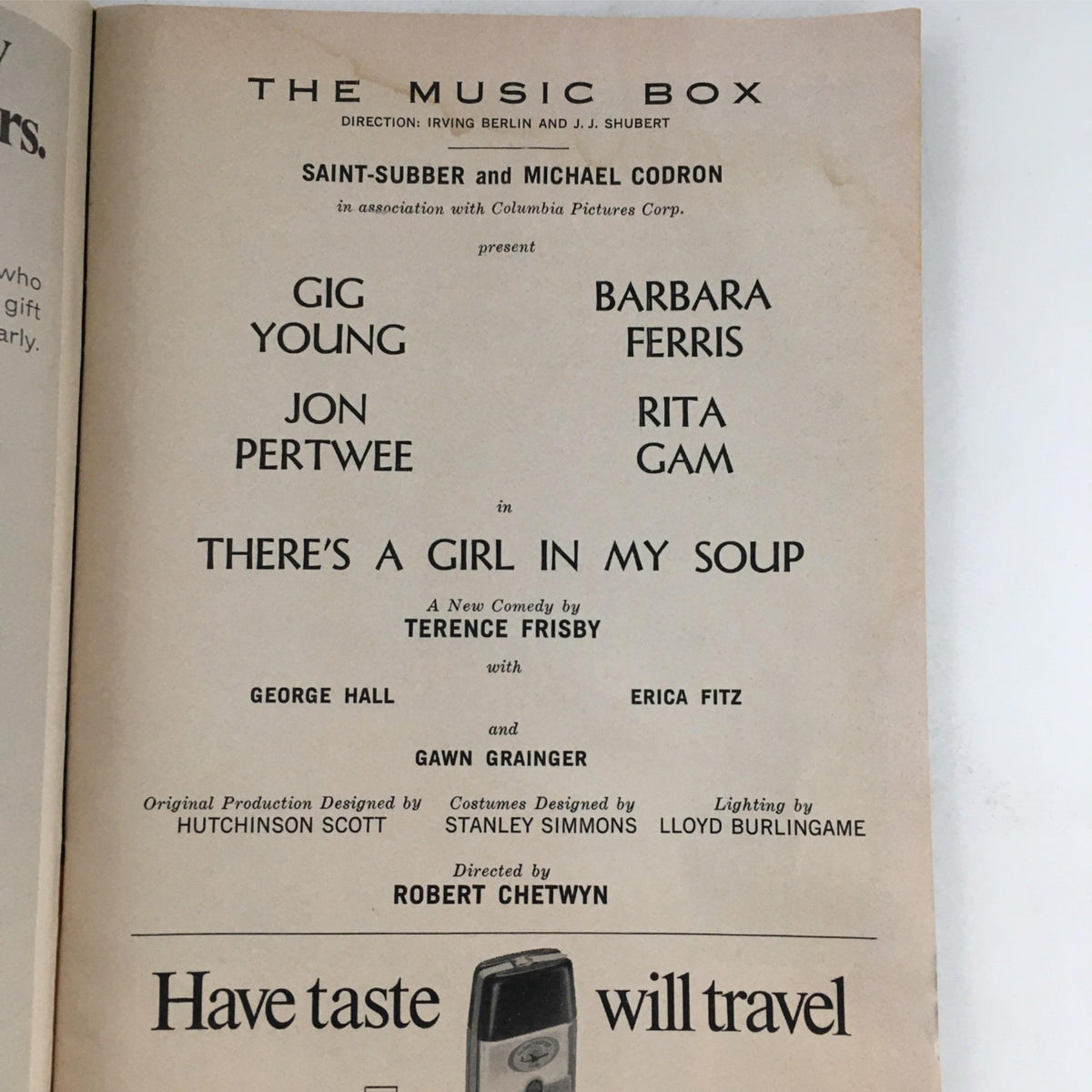 Production credits for the 1967 Playbill There's A Girl In My Soup, detailing the cast, crew, and creative team involved in the performance at The Music Box.