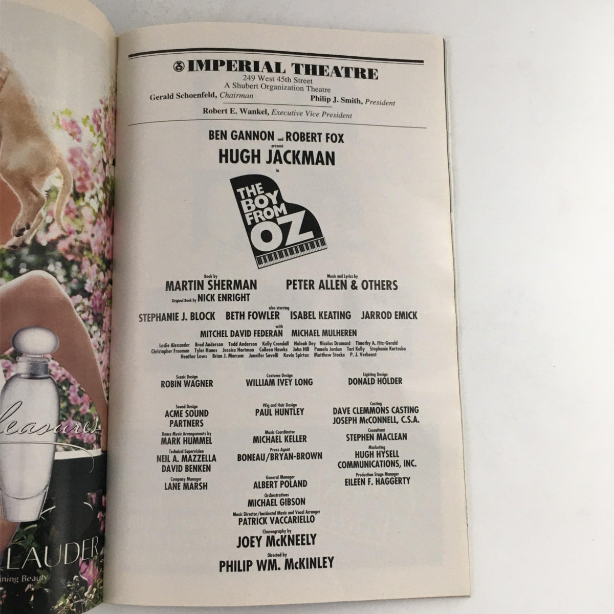 Inside page of the 2003 Playbill for 'The Boy from OZ' at Imperial Theatre, listing cast members including Hugh Jackman and production details.