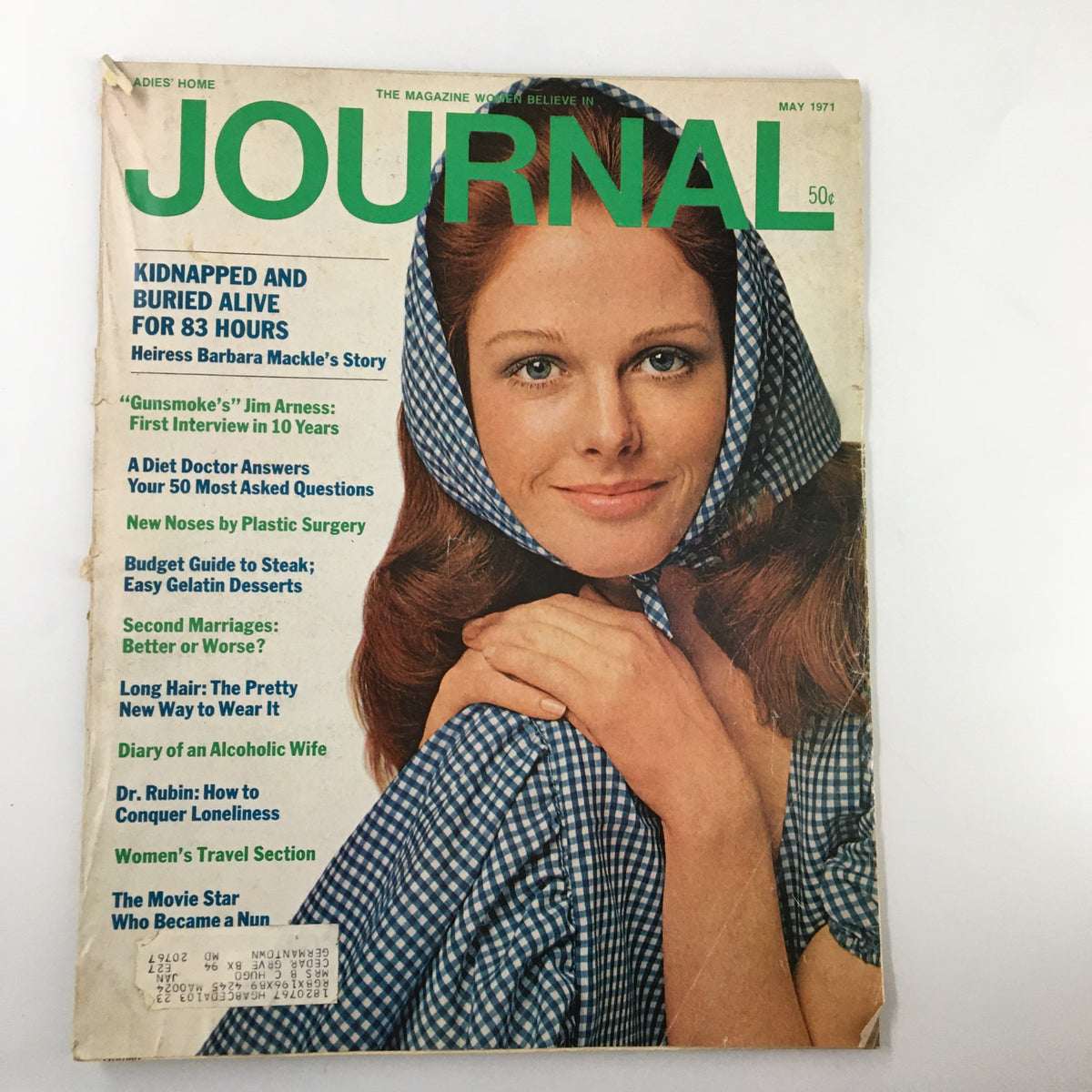 Cover of Ladies' Home Journal Magazine May 1971 featuring the article 'Diary of an Alcoholic Wife'. The cover showcases a woman with long hair in a blue checkered dress, wearing a matching headscarf, highlighting societal issues and personal stories of the era.