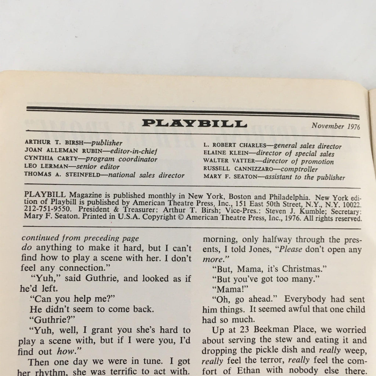 Inside page of the 1976 Playbill The Wiz by Ken Harper, George Faison featuring a cast list and editorial information.