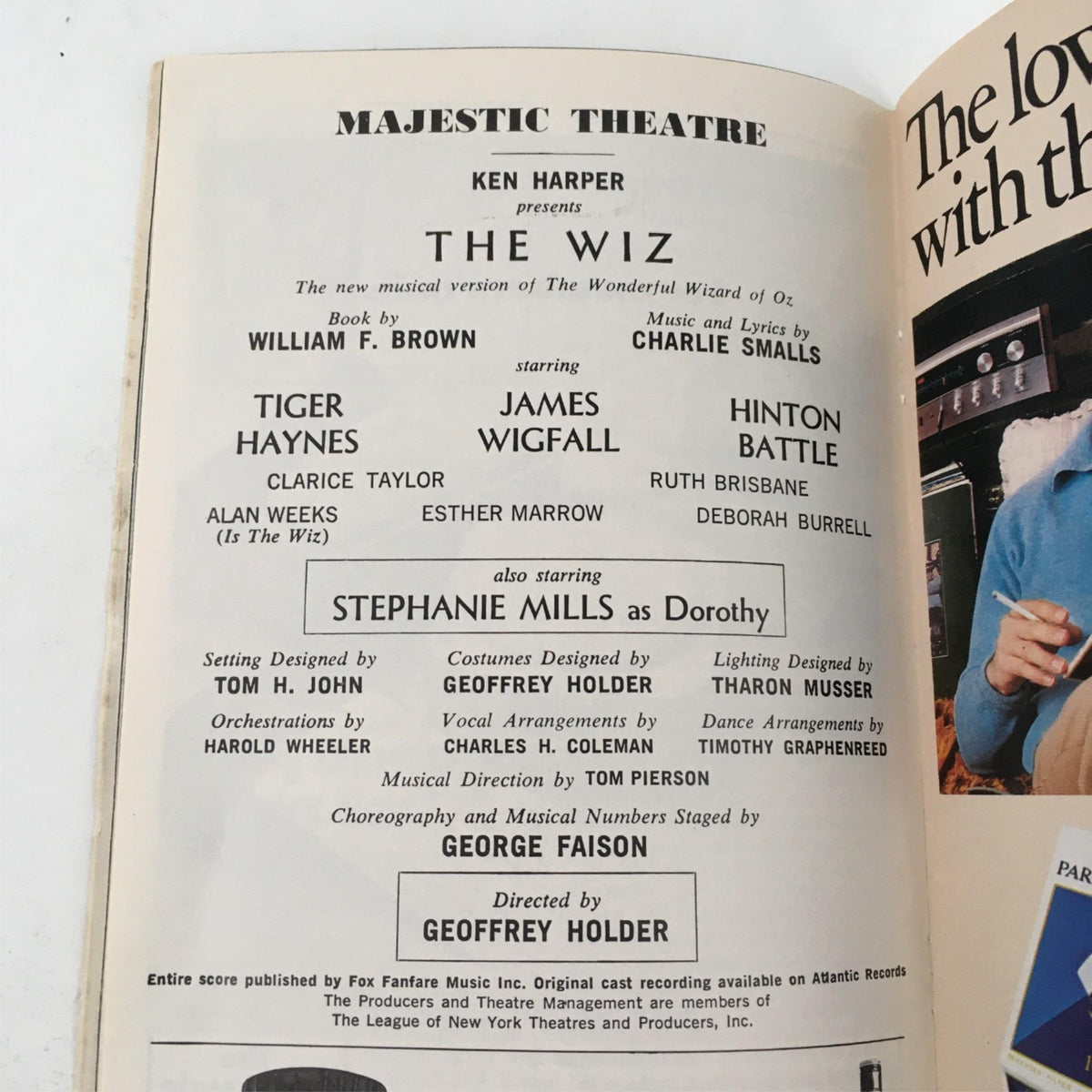 Another interior page of the 1976 Playbill The Wiz at Majestic Theatre detailing the cast and production team.