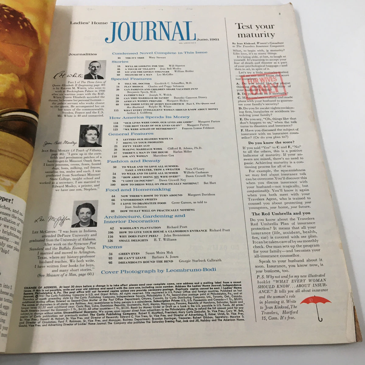Interior page of Ladies' Home Journal Magazine from June 1961 featuring table of contents and articles, including a profile on Queen Elizabeth II, showcasing vintage magazine design and historical context.