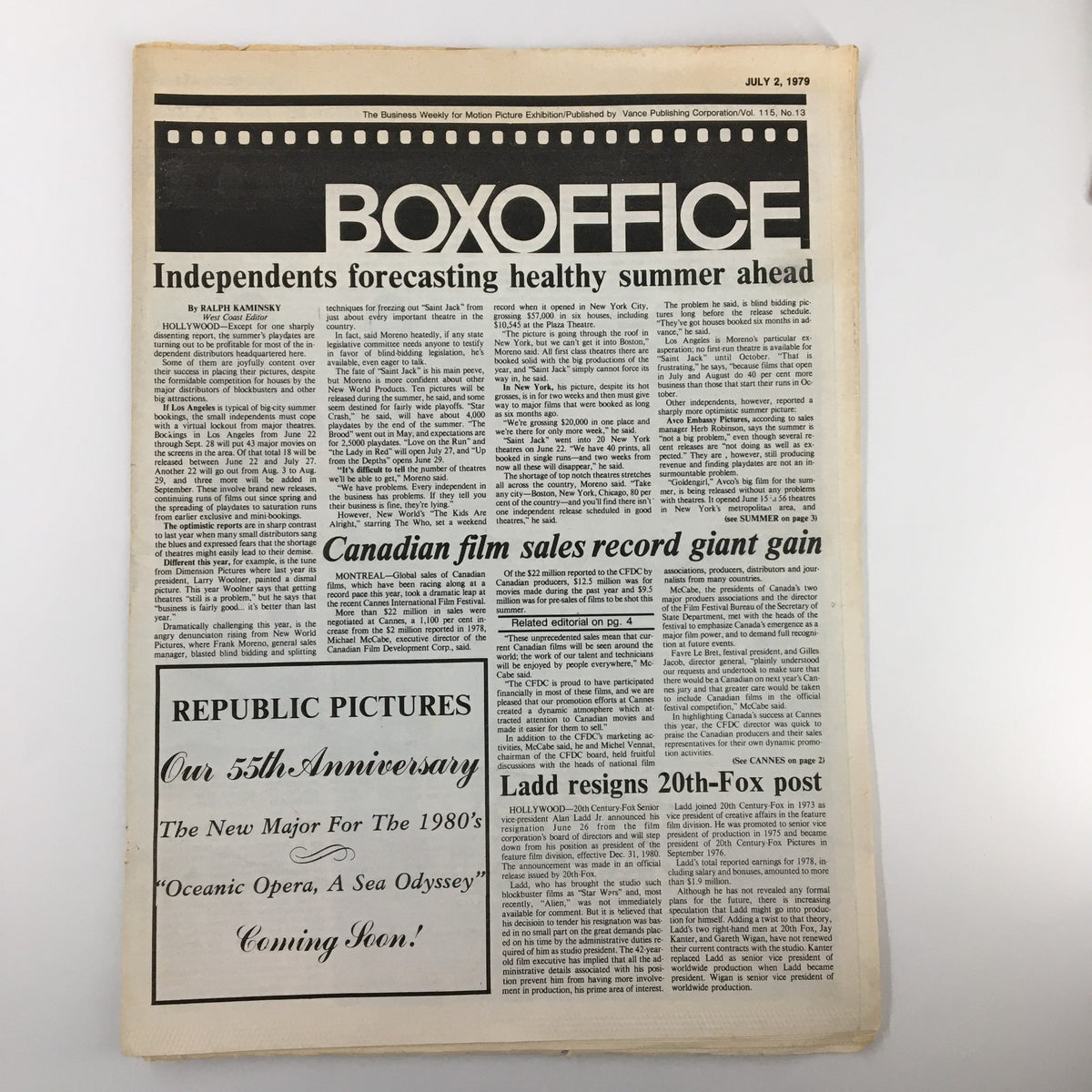 Front page of Box Office Magazine from July 2, 1979, showcasing article headlines on film industry insights and an advertisement for Republic Pictures' upcoming productions.