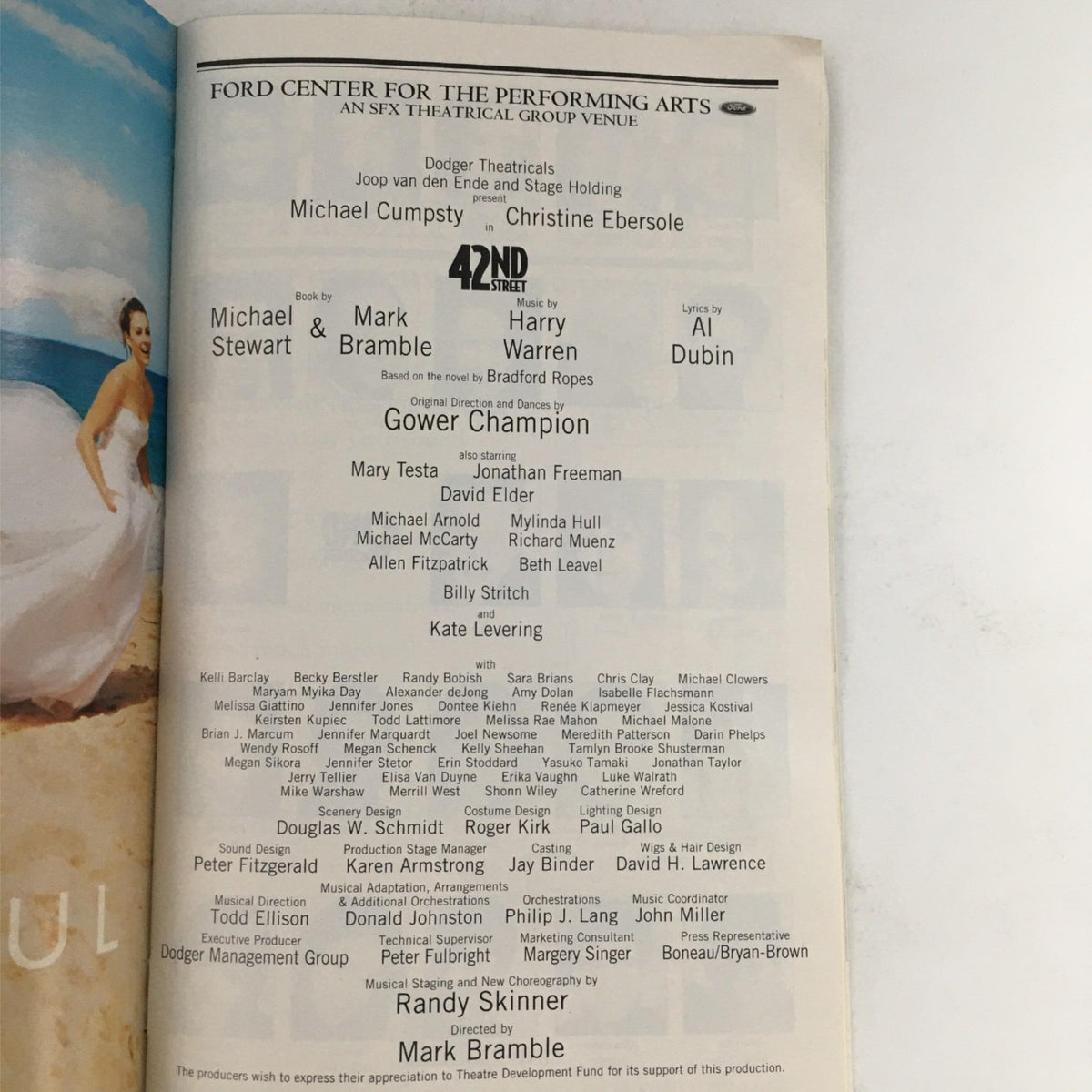 Cast list page from the 2001 Showbill for 42nd Street, detailing the performers and creative team behind the production.