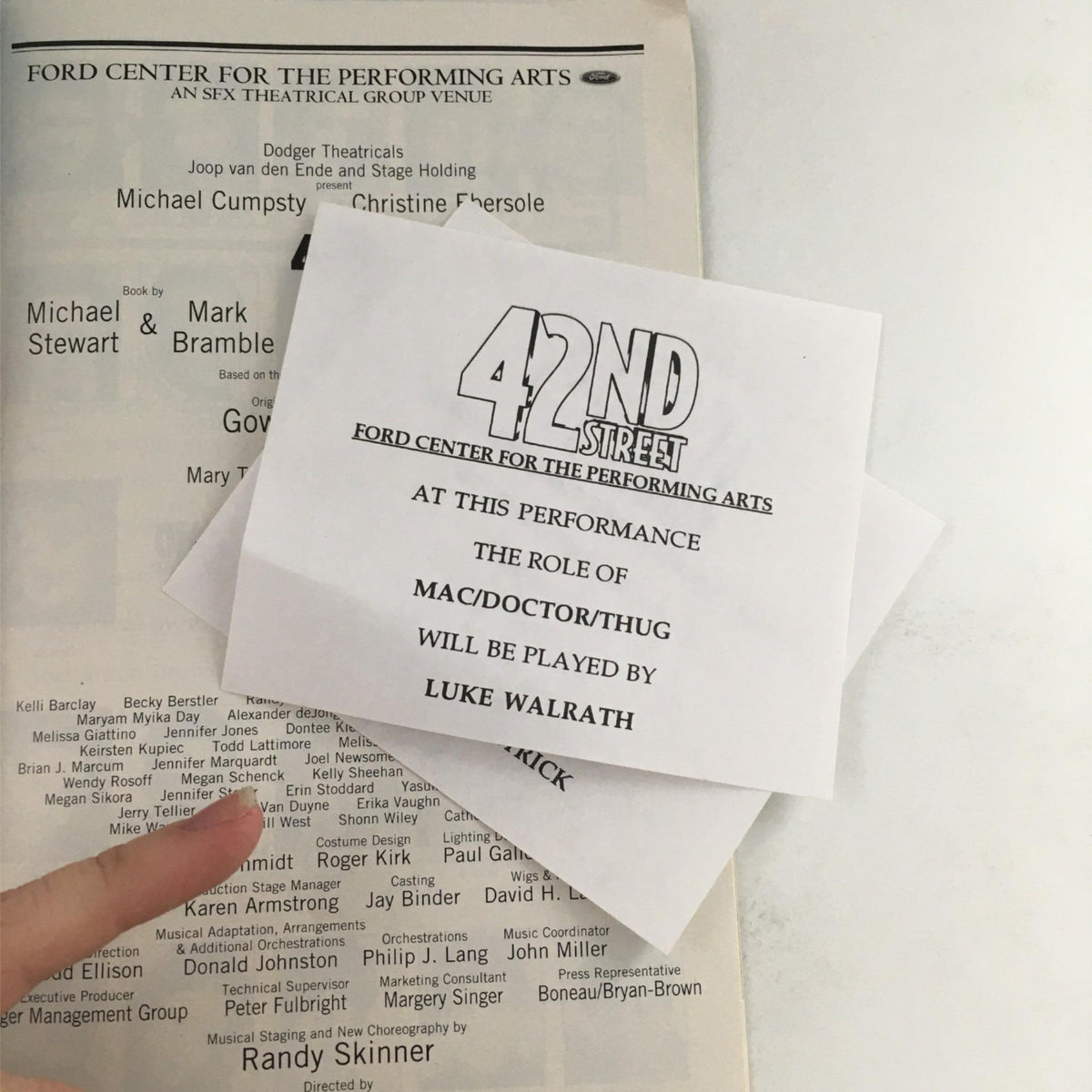 Insert from the 2001 Showbill for 42nd Street, indicating the role of Mac/Doctor/Thug played by Luke Walrath during the performance.