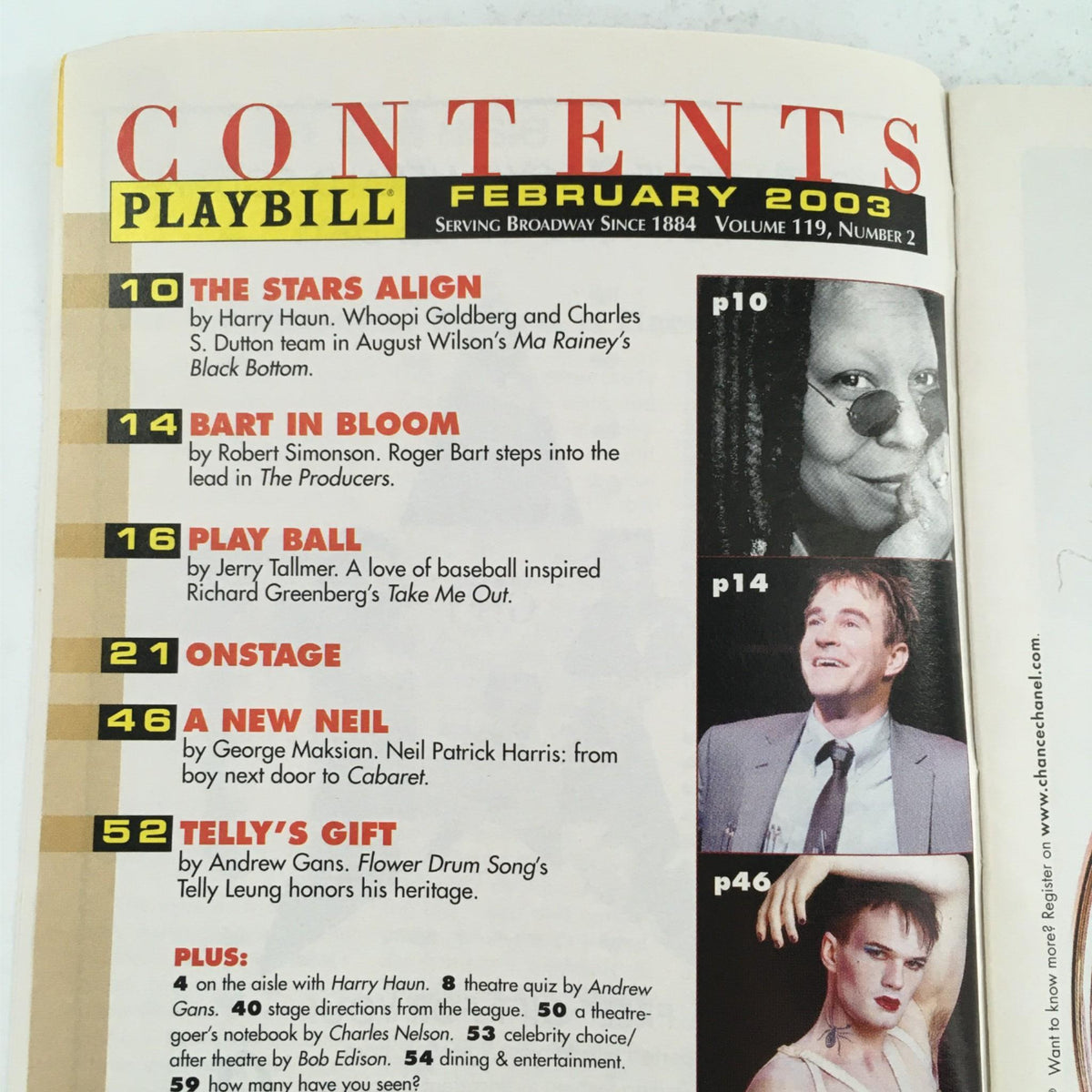February 2003 Playbill contents page, showcasing various articles including 'The Stars Align' and 'BART IN BLOOM', part of the 2003 Playbill for 'Little Fish' by Michael John LaChiusa.