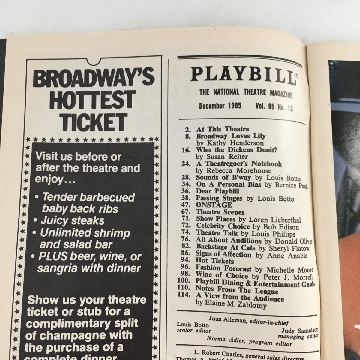Interior page of 1985 Playbill for The Odd Couple, listing articles and highlights from Broadway's December 1985 issue.
