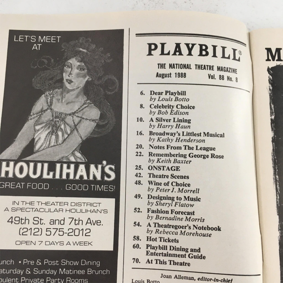 Inside page of the August 1988 Playbill for Broadway Bound, showcasing various articles and features from the theater magazine.