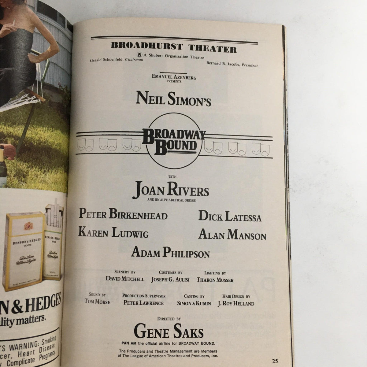 Cast and crew page of the 1988 Playbill for Broadway Bound, including details about Neil Simon, director Gene Saks, and main performers.