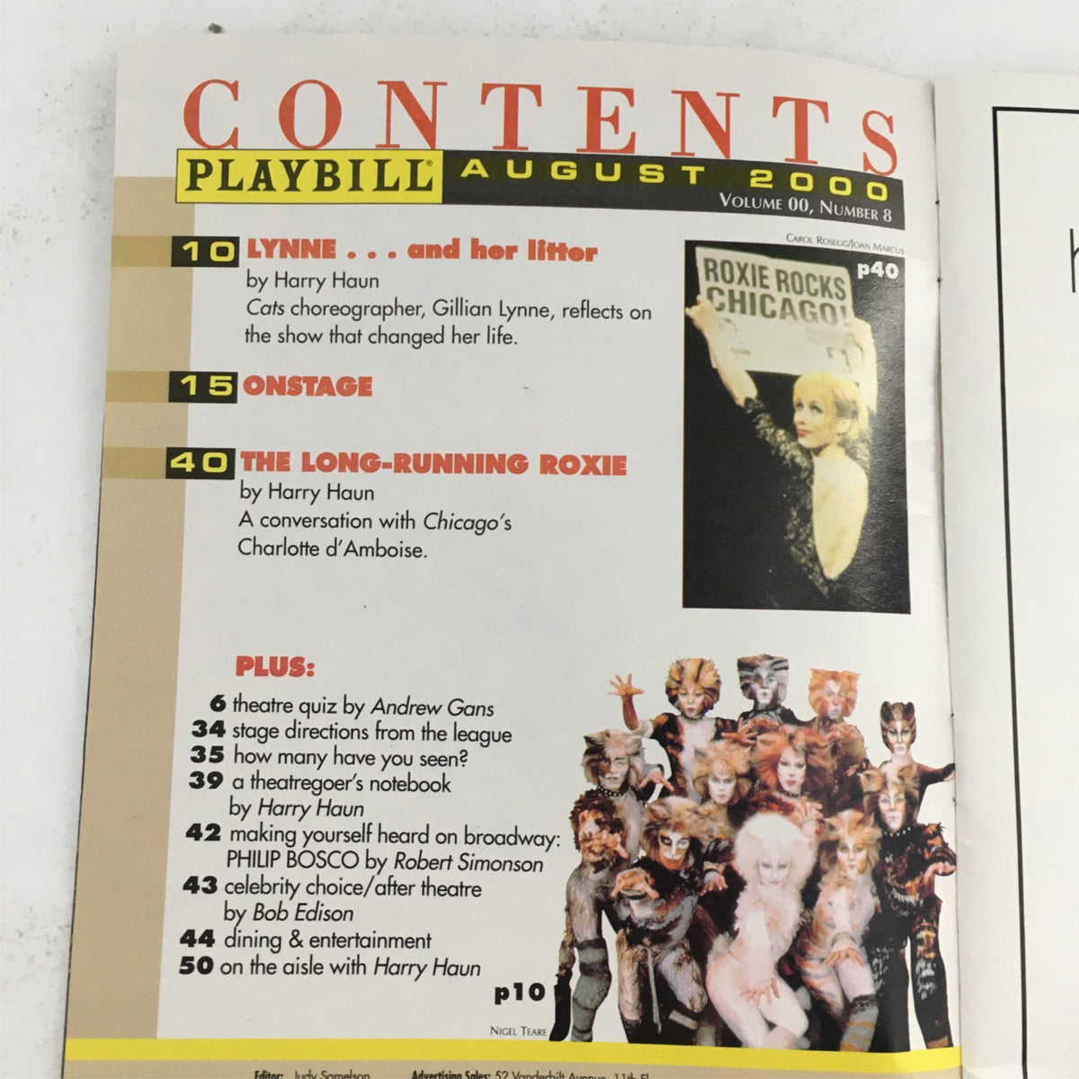 Contents page of the August 2000 Playbill for 'Annie Get Your Gun', listing various articles and features including a spotlight on the long-running production 'Chicago' and more theater-related content.