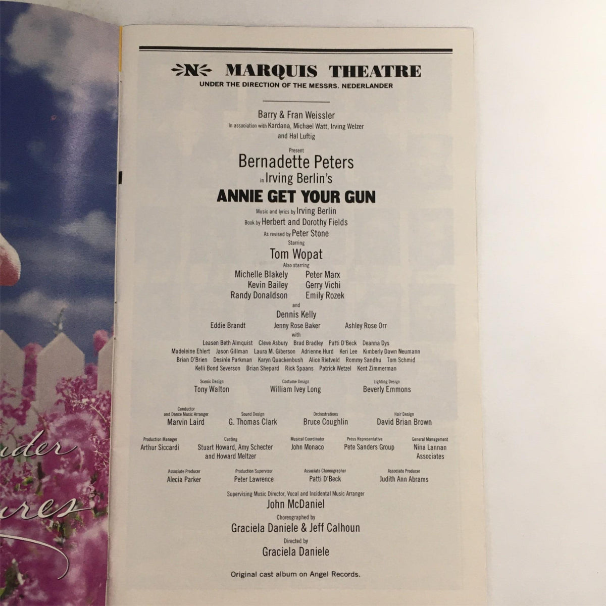 Inside page of the 2000 Playbill for 'Annie Get Your Gun' highlighting cast and production credits at the Marquis Theatre, including details about director Graciela Daniele and the original cast members.