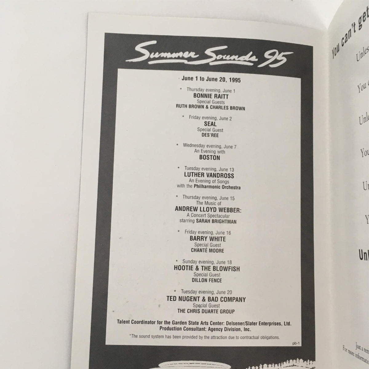 Interior page of Summer Sounds '95 program listing performers including Seal, Boston, and Barry White, with details on event dates and locations.
