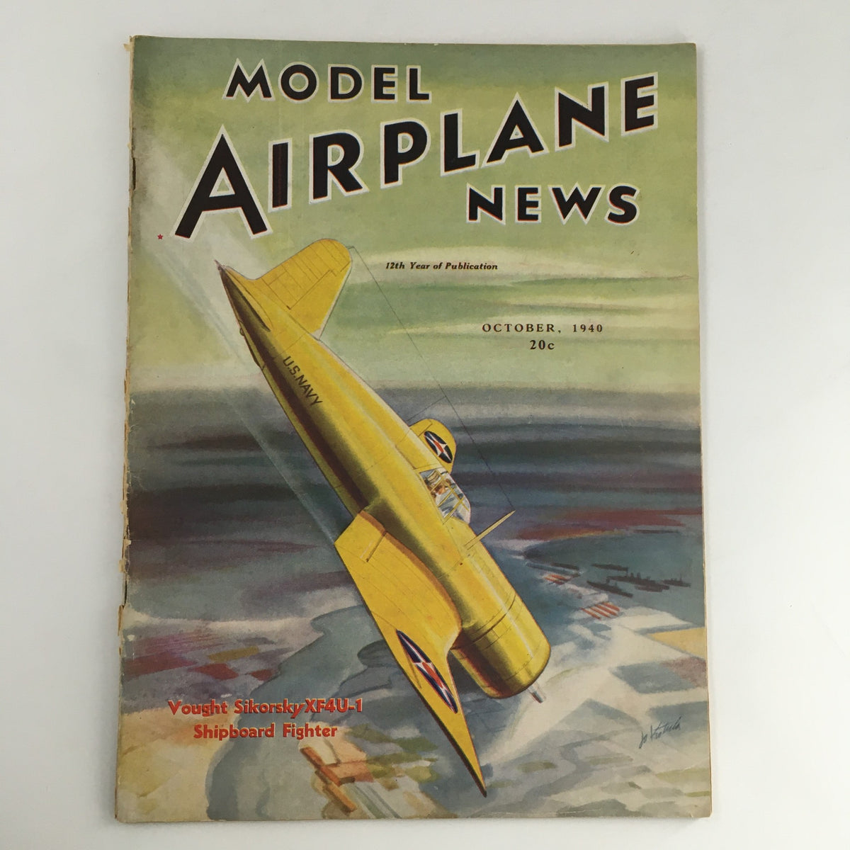 Model Airplane News Magazine October 1940 featuring Vought Sikorsky XF4U-1 Shipboard Fighter on the cover, showcasing vintage aviation art.